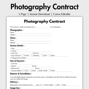 May include: A white Photography Contract template with black text. The document includes sections for photographer and client information, session details, fees, and payment methods. The text "Photography Contract" is at the top.