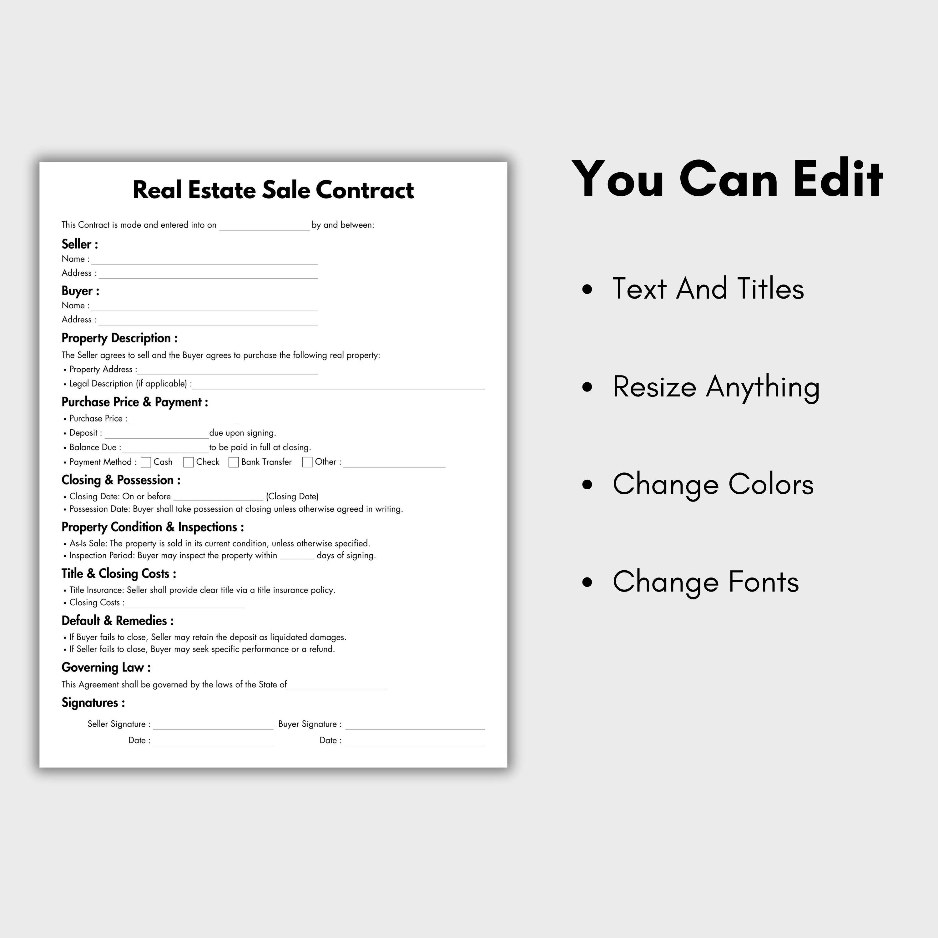 One Page Real Estate Sale Contract, Editable Property Sale Agreement ...