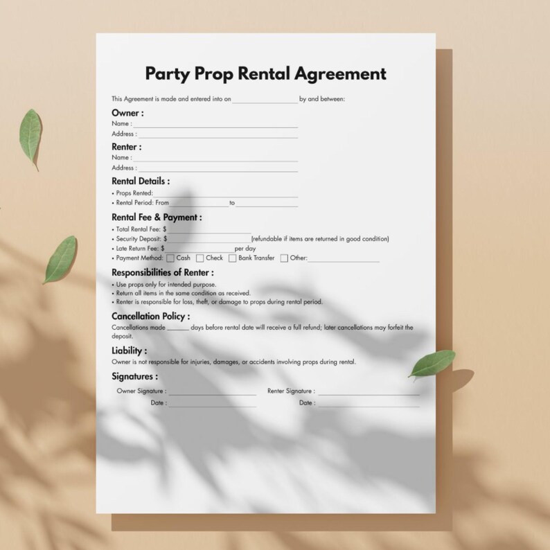 Prop Contract One Page Party Prop Rental Agreement, Editable Event Decor Contract ...
