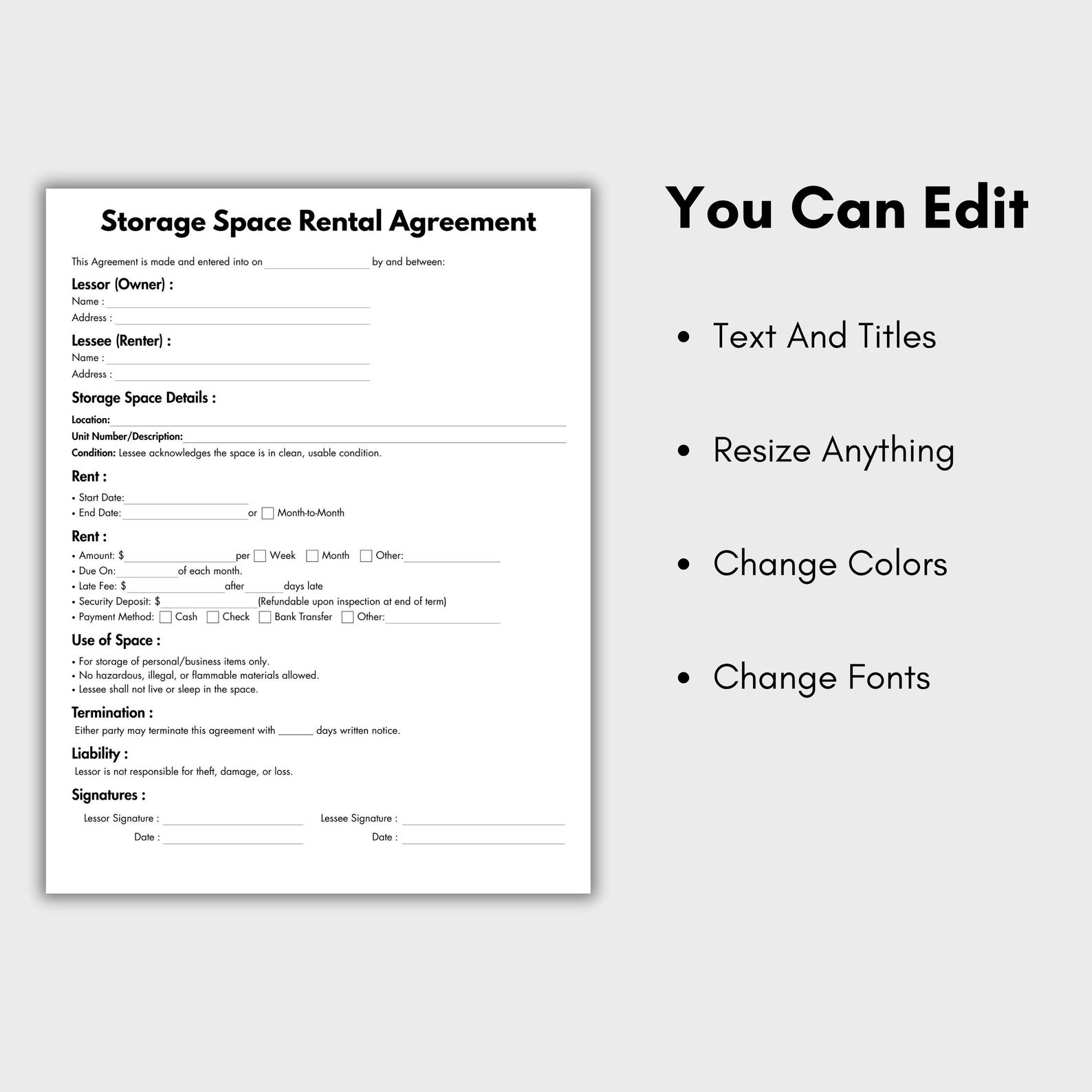 Editable Storage Layout One Page Storage Space Rental Agreement, Editable Contractor Storage ...