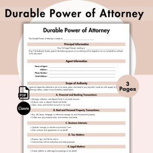Durable Power of Attorney, Printable Durable Power of Attorney Form, POA Form, POA Agreement, Canva Editable Template, Instant Download