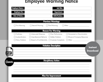 Editable Employee Warning Notice Template, Printable Employee Warning Form, Employee Performance, Disciplinary Warning, Employee Write Up