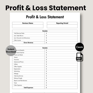 Könnte beinhalten: Eine schwarz-weiße druckbare Gewinn- und Verlustrechnung mit den Worten "Profit & Loss Statement" oben. Die Vorlage enthält Abschnitte für Einnahmen, Ausgaben und den Gesamtumsatz. Die Vorlage ist für die Verwendung mit Canva konzipiert und steht als PDF zum sofortigen Download bereit.