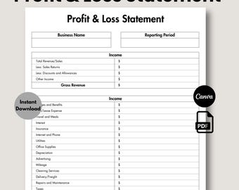 Profit and Loss Statement, Printable, Editable Small Business Income Statement, Financial Statement, Profit Calculator, Bookkeeping Template