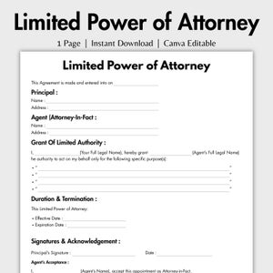 One Page Limited Power of Attorney, Editable Standard POA Template Canva, Printable Finance Property Sale Execution Agreement, Legal Form