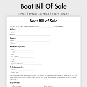 May include: A white Boat Bill of Sale template with black text. The document includes sections for seller and buyer information, boat description, and sale details. The text "Boat Bill of Sale" is prominently displayed at the top.