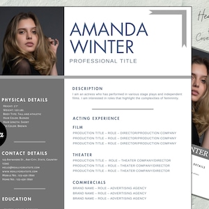 Editable Actress & actor resume template with photo, acting resume, beginner actor resume, theatre, entertainer resume, background actor cv