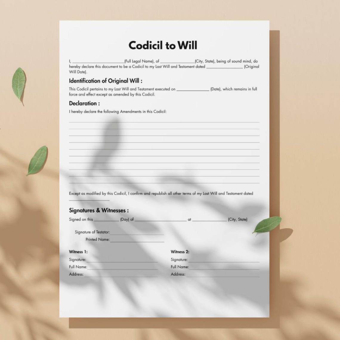 One Page Codicil to Will, Editable Will Codicil Form Template Canva