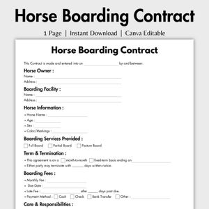 May include: A white Horse Boarding Contract template with black text. The document includes sections for horse owner, boarding facility, horse information, boarding services, and fees. The text "Horse Boarding Contract" is at the top.