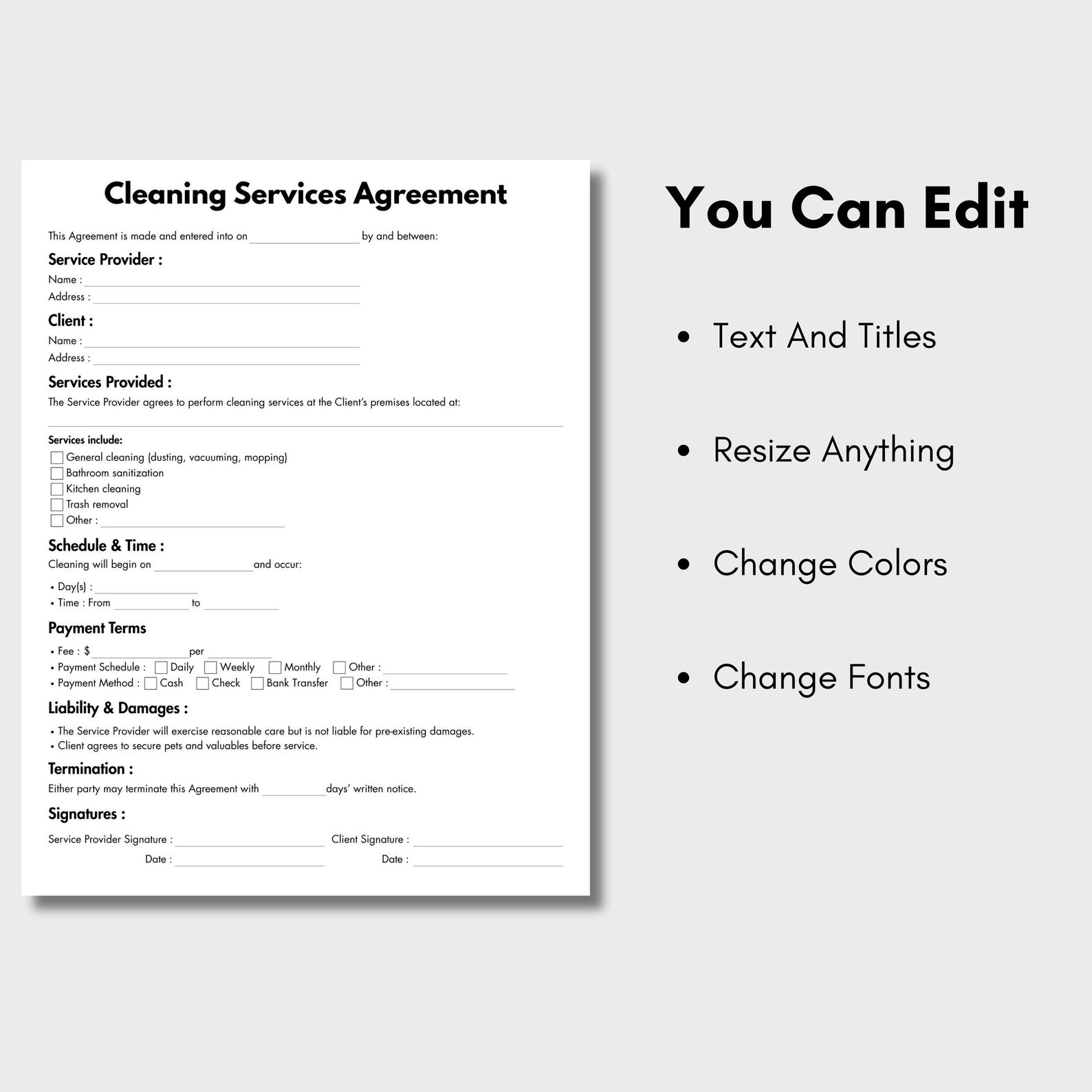 One Page Cleaning Service Agreement, Editable Cleaning Business Form ...