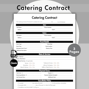 Catering Contract Template, Catering Business Contract, Catering Service Contract, Food Service Agreement, Printable and Editable Canva
