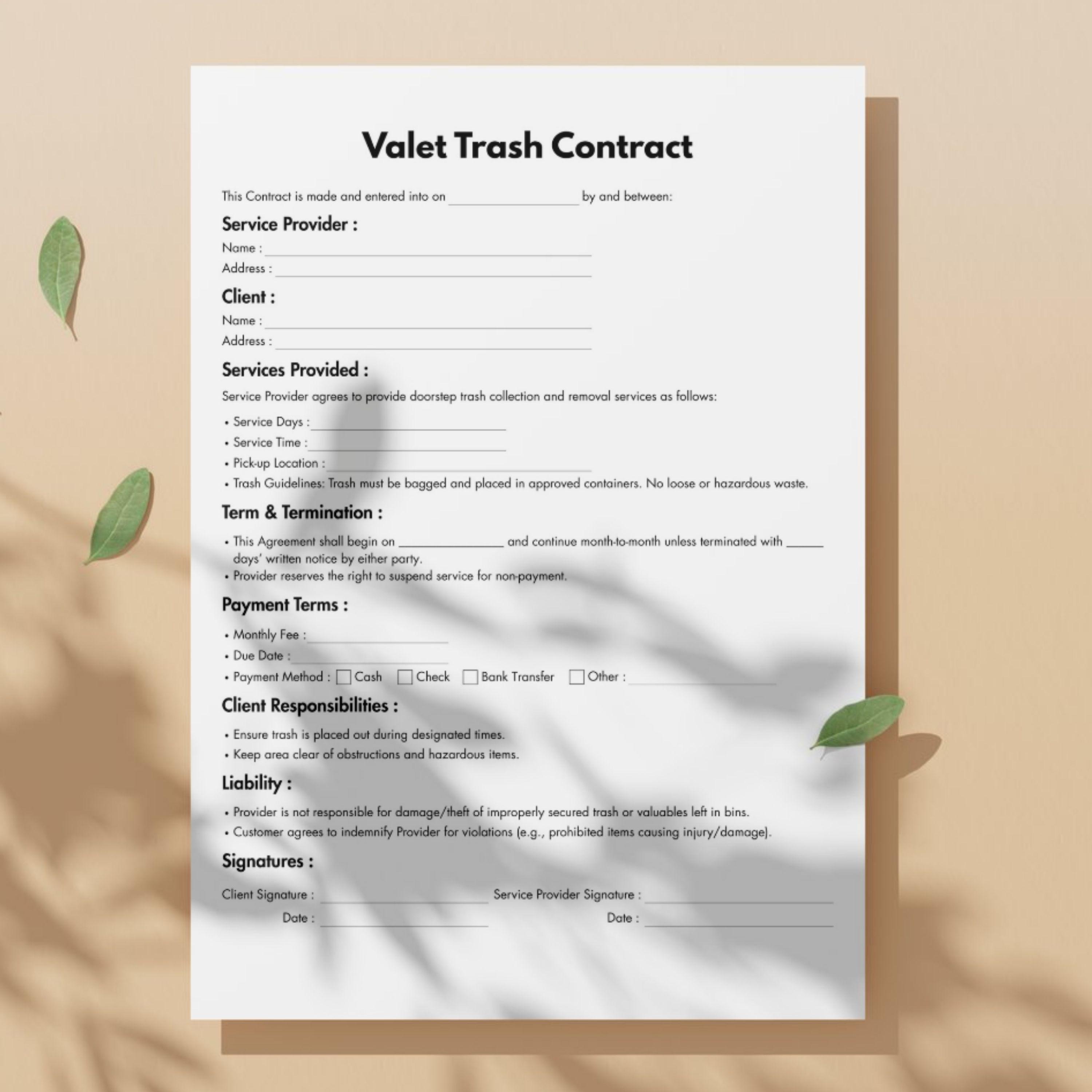 Compost Collection Contract One Page Valet Trash Contract, Editable Rubbish Bin Collection Services ...