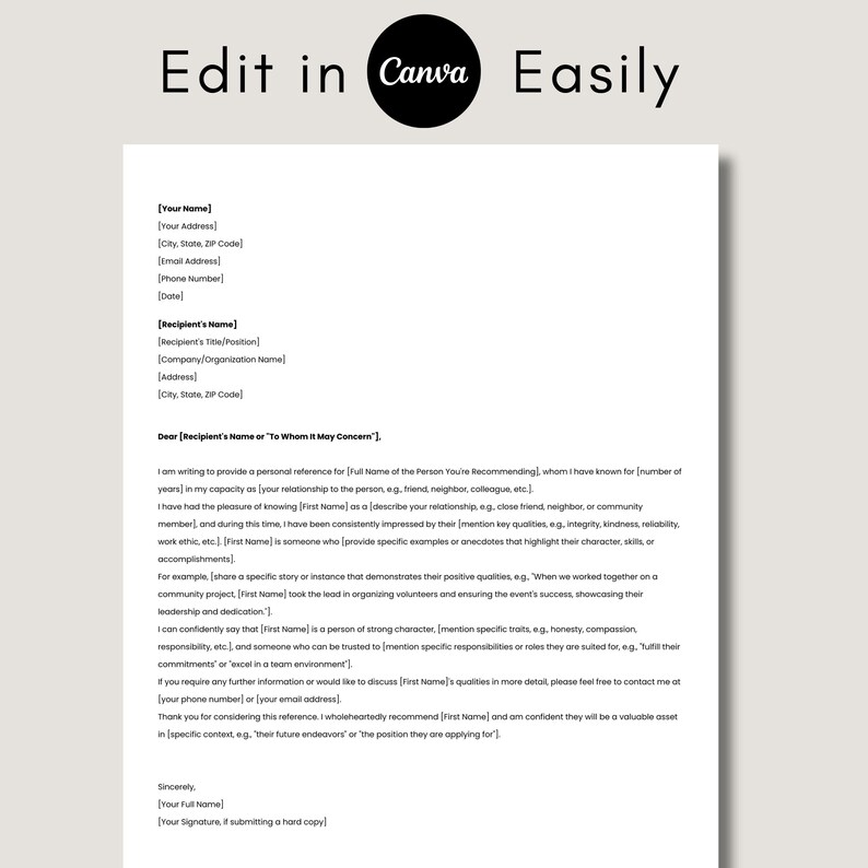 Editable Personal Reference Letter Template, Printable Letter of ...
