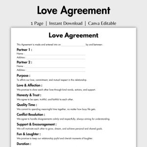 One Page Love Agreement, Editable Relationship Blueprint for Harmony and Growth Form Template, Printable Couples Commitment Plan Canva