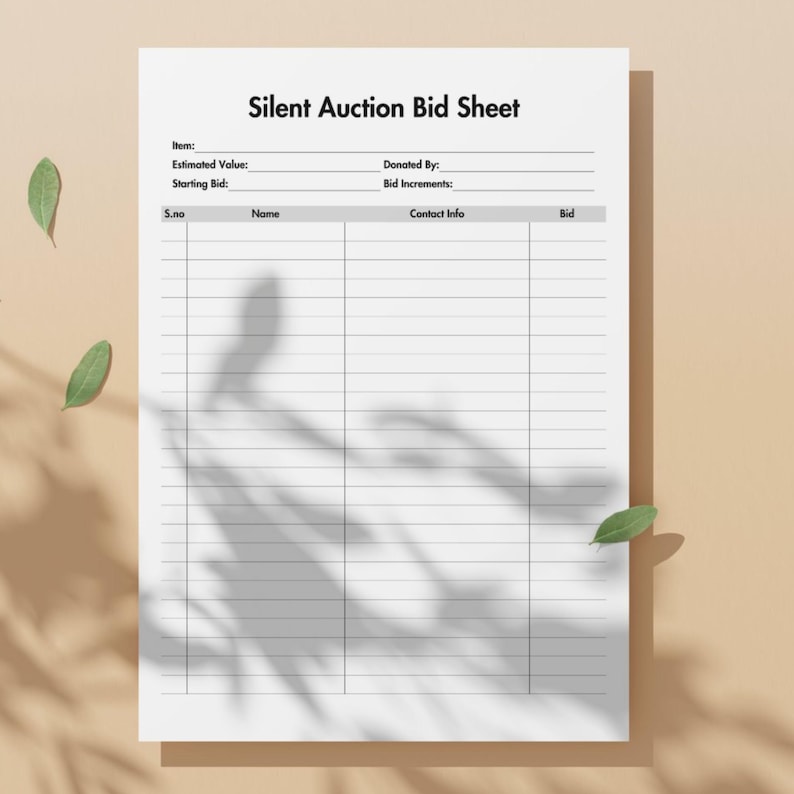 Silent Auction Bid Sheet Template, Editable Silent Auction Sign up ...