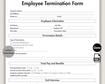 Editable Employee Termination Form Template, Employee Termination Sheet, Printable Employee Layoffs, Canva HR Terminate Employee Form