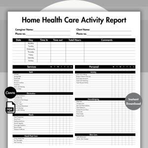 Rapport d'activités de soins de santé à domicile en noir, carte de pointage pour les soignants, modèle de liste de contrôle pour les soignants, liste de contrôle modifiable pour les soins aux personnes âgées, feuille de tâches