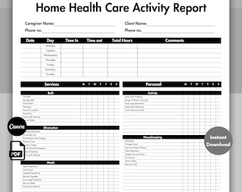 Home Health Care Activity Report Black, Caregiver Timecard, Caregiver Checklist Template, Editable Elder Care Checklist, Task Sheet