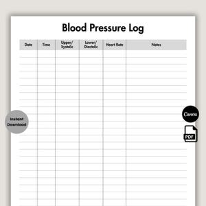 以下が含まれることがあります： 「Blood Pressure Log」というタイトルの白い印刷可能な血圧記録用紙。記録用紙には、日付、時間、収縮期、拡張期、心拍数、メモの列が含まれています。「Instant Download」という単語が灰色の円の中にあります。