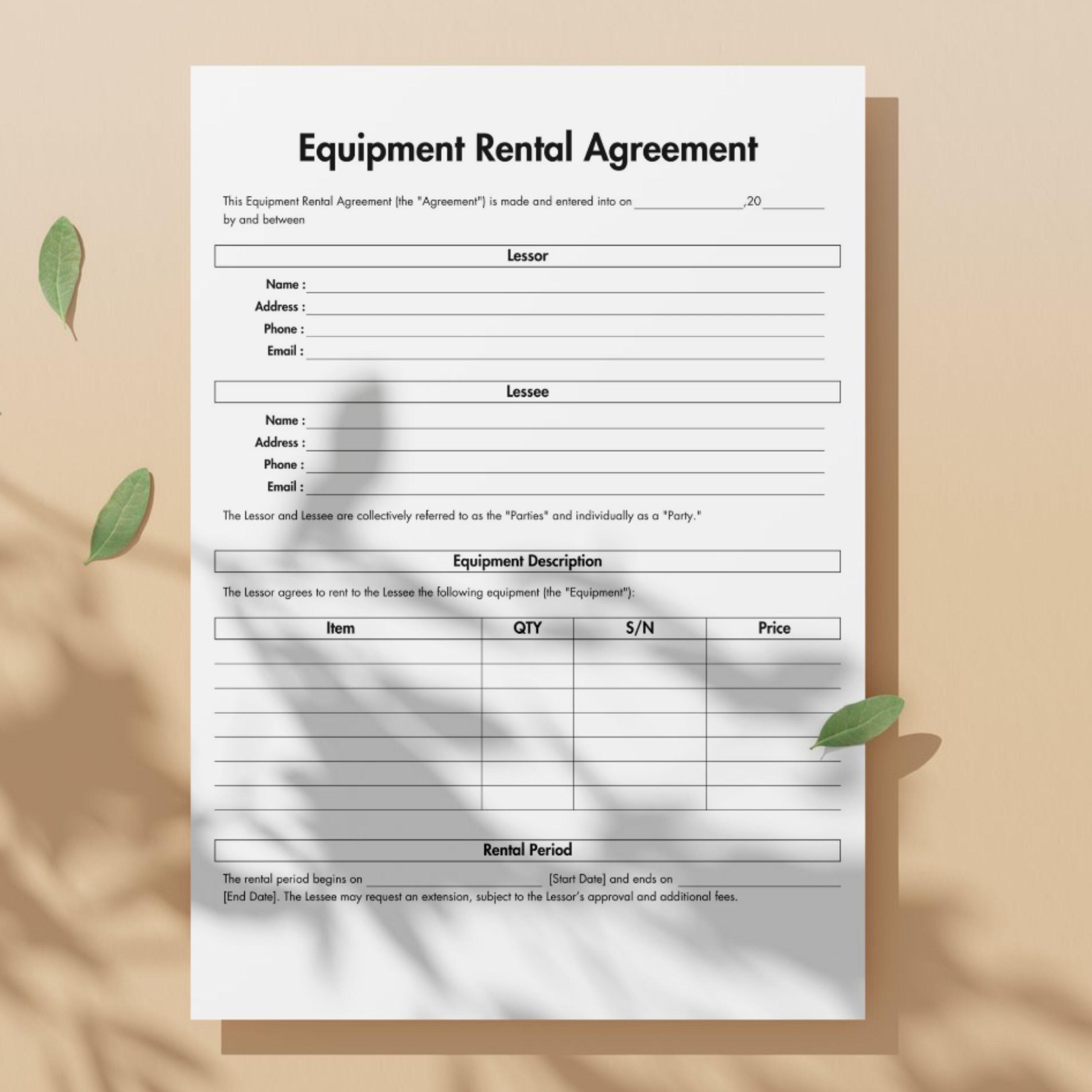 Equipment Rental Agreement, Printable & Editable Equipment Rental ...