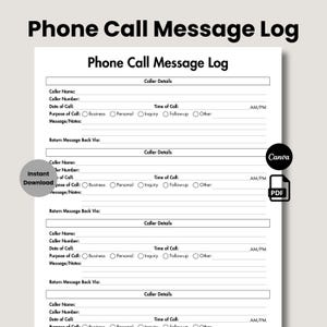 Editable Phone Call Message Log Template, Communication Log Form, Voicemail Tracker, Printable Messages Organizer, Phone Messages Form Canva