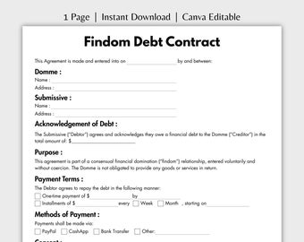 Contratto di debito Findom di una pagina, modello di accordo di debito Findom modificabile su Canva, accordo stampabile per una relazione di dominio finanziario