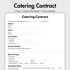 One Page Catering Contract Template, Editable Event Catering Service Contract, Printable Catering Business and Food Service Agreement, Canva
