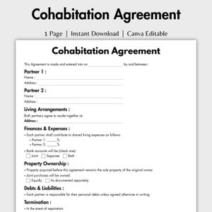 One Page Cohabitation Agreement, Editable Living Together Template Canva Printable Non-Marital, Relationship, Couple Contract, Partnership