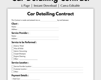 One Page Car Detailing Contract, Editable Auto Detailing Agreement Form Template Canva, Printable Detailing Service Terms, Instant Download
