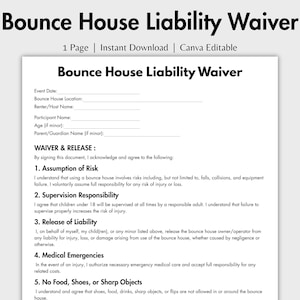 One Page Bounce House Liability Waiver, Editable Business Waiver Form Template, Printable Bounce House Liability Agreement, Custom in Canva
