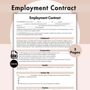 Employment Agreement Template, Editable Employment Service Contract, Printable HR Employer, Employee Form Template, Job Agreement
