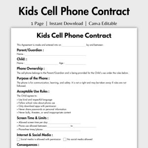 Puede incluir: Una plantilla imprimible de Contrato de Teléfono Celular para Niños. El documento incluye secciones para la información de padres/tutores e hijos, la propiedad del teléfono, las reglas de uso aceptables, los límites de tiempo de pantalla y las pautas de Internet/redes sociales.