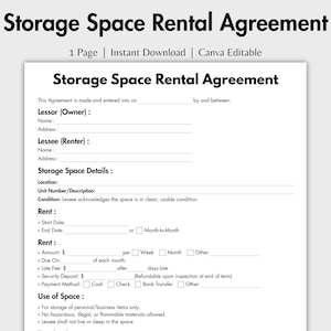 May include: A white document titled "Storage Space Rental Agreement" with black text. The document includes sections for Lessor and Lessee information, storage details, rent terms, and use of space guidelines. The document is a Canva editable instant download.