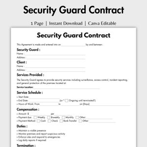 Könnte beinhalten: Ein weißes Dokument mit dem Titel "Security Guard Contract" mit schwarzem Text. Das Dokument enthält Abschnitte für die Informationen des Sicherheitsmitarbeiters und des Kunden, die erbrachten Leistungen, den Dienstplan, die Vergütung und die Pflichten.