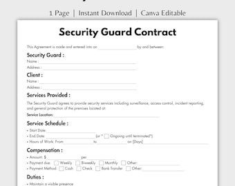 One Page Security Guard Contract, Editable Security Service Provider Agreement Form Canva Template, Printable Security Company Contract