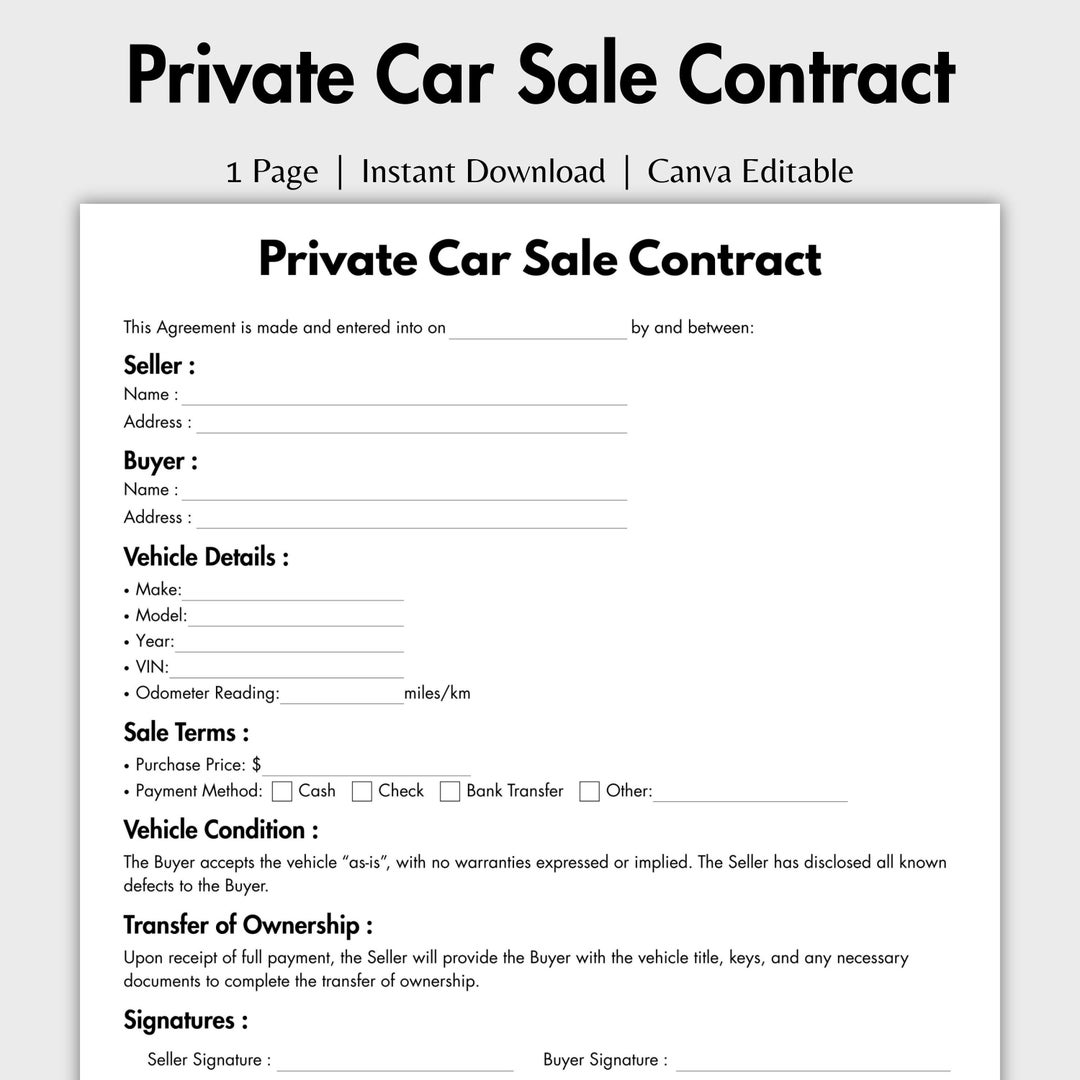 One Page Private Car Sale Contract, Editable Vehicle Bill of Sale
