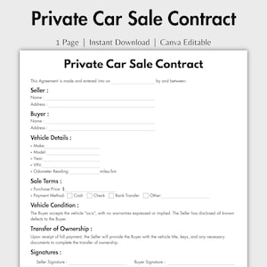 Puede incluir: Documento blanco titulado "Contrato de Venta de Coche Privado" con secciones para vendedor, comprador, detalles del vehículo, condiciones de venta y firmas. El documento incluye campos para el kilometraje en km.