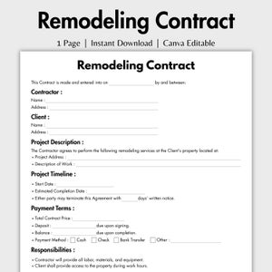 One Page Remodeling Contract, Editable Home Renovation Contract Form Template Canva, Printable Agreement, Construction Services Contract
