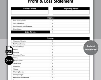 Editable Profit and Loss Statement, Small Business Income Statement, Printable Financial Statement, Profit Calculator, Bookkeeping Template