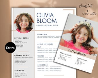 Curriculum vitae di attore bambino, modificabile in Canva, curriculum vitae di attore e attrice modello bambino, foto segnaletica, lettera di presentazione e modello di riferimento, curriculum teatrale