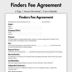 One Page Finders Fee Agreement, Editable Business Introduction Contract Form Template, Printable Affiliate Partnership Doc Instant Download