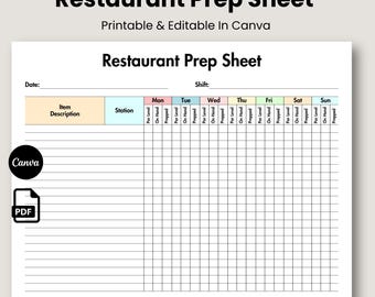 Restaurant Prep Sheet Template Colorful, Printable & Editable Restaurant Prep Checklist, Food Prep Chart Form, Restaurant Opening stock list