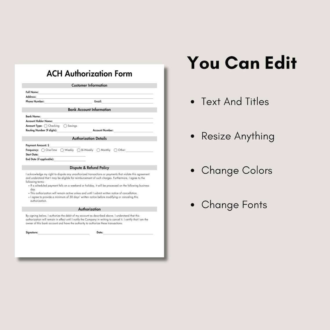 ACH Authorization Form Template, Editable Debit Authorization Form, ACH ...