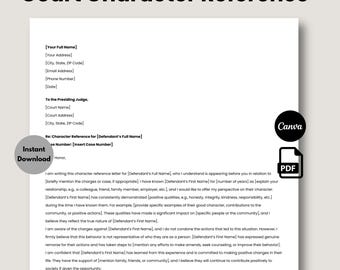 Editable Court Character Reference Letter, Printable Court Letter, Character Letter for a Judge, Judicial Character Reference Template