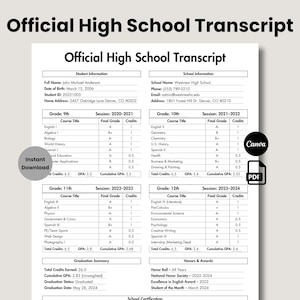 Editable High School Transcript Template, Home School Transcript Form, Printable Grade Tracker, Homeschool Canva, Instant Download PDF