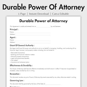 One Page Durable Power of Attorney Template, Editable Durable Financial POA Form, Printable Durable Legal Form, POA Agreement, Canva, PDF