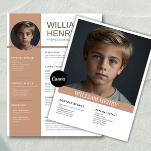 Plantilla de currículum de actor y actriz infantil con foto para Canva, currículum de modelo infantil, plantilla de foto de rostro, plantilla de carta de presentación, currículum de referencia