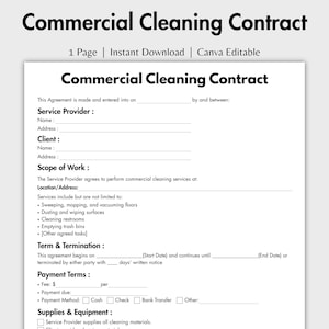 One Page Commercial Cleaning Contract, Editable Cleaning Agreement Form Template, Printable Realtors Janitorial Office Cleaning Services