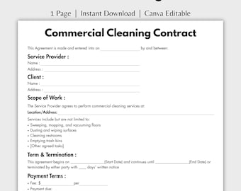 Contrat de nettoyage commercial d'une page, modèle de formulaire de contrat de nettoyage modifiable, services de nettoyage de bureaux de conciergerie imprimables