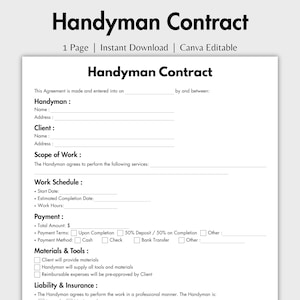 Op de afbeelding: Een afdrukbare klusjesman contract sjabloon met de titel "Handyman Contract" in grote zwarte tekst. Het document bevat secties voor klusjesman- en klantgegevens, werkingssfeer, werkschema, betalingsvoorwaarden en materialen.